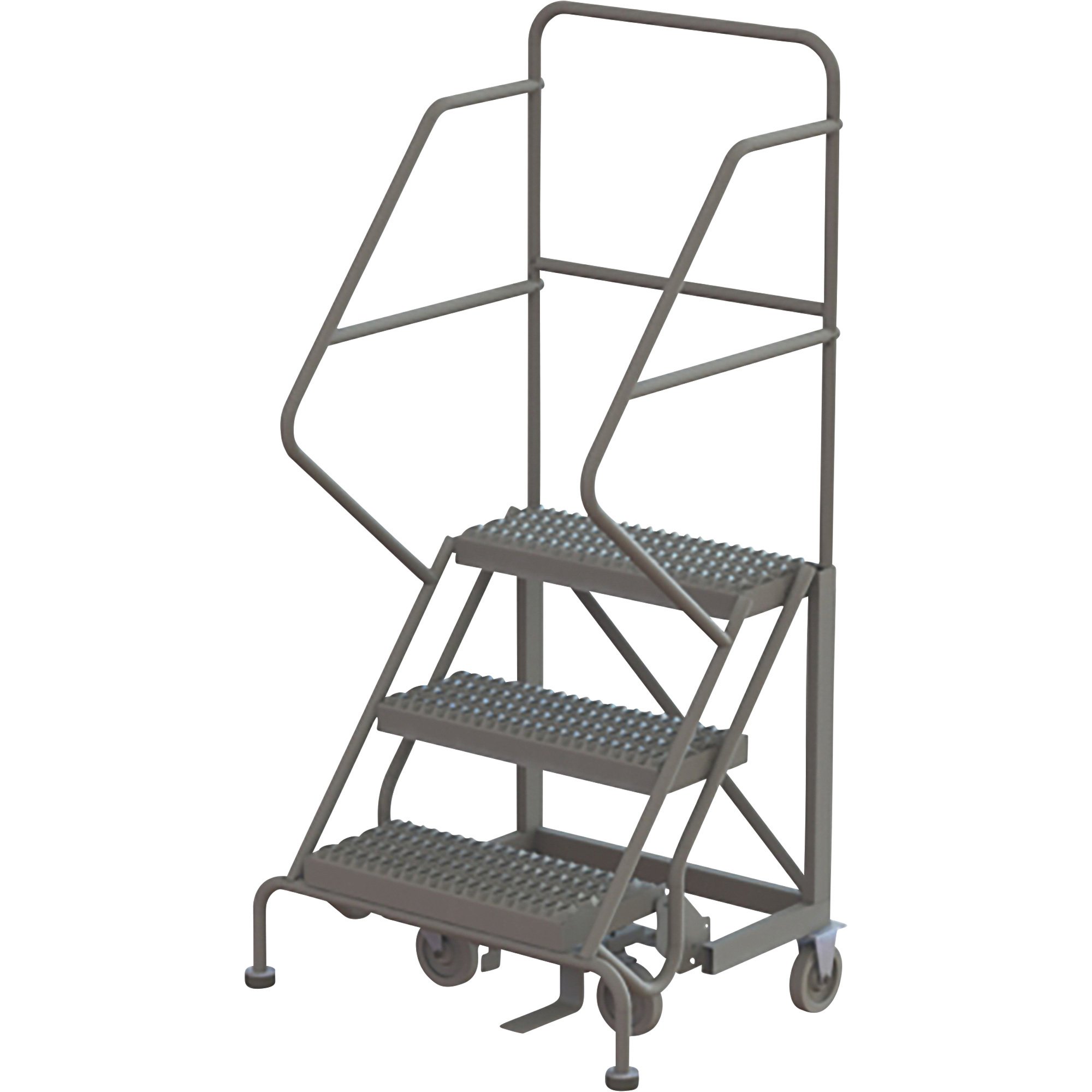 Tri-Arc Steel Rolling Ladder with Forward Descent Incline and Serrated Steps — Gray, 450-Lb. Capacity